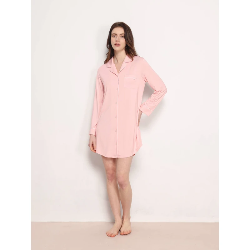 CHINEE Women's Classic Nightdress with Notch Collar and Contrast Trim Soft Woven Bamboo for Spring Sleep Shirt Plus Size Pajama Dress