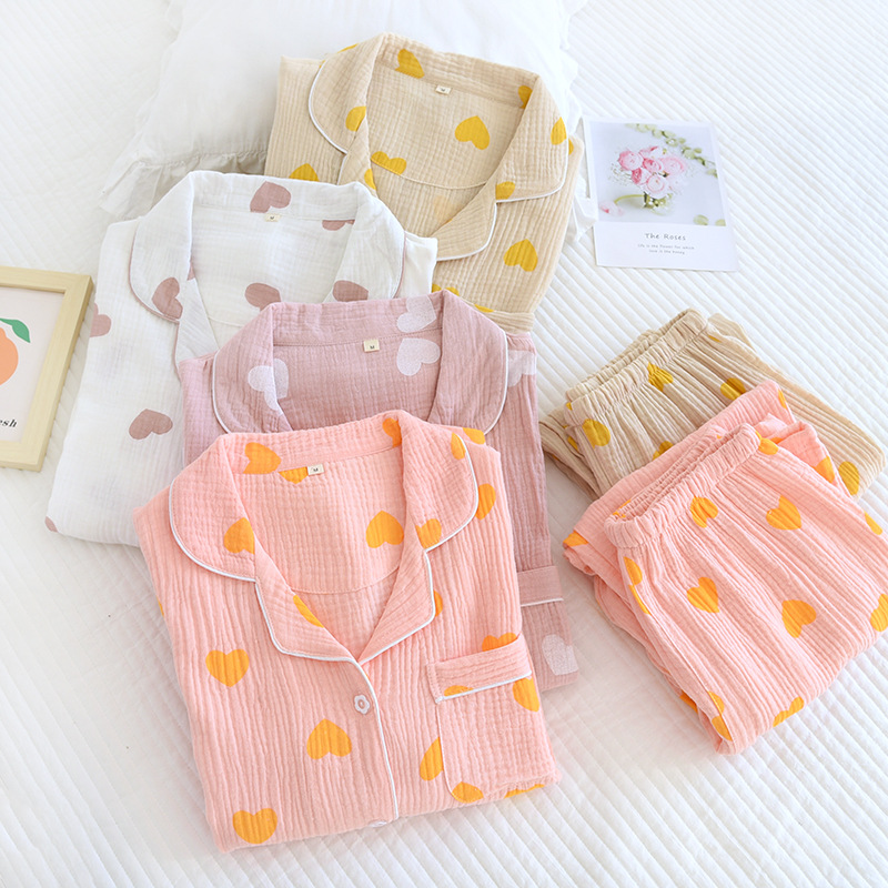 CHINEE Women's Comfortable Cotton Crepe Pajamas Elastic Waist Breathable Crepe Lapel Sleepwear Shirt for Home Casual for Spring Summer