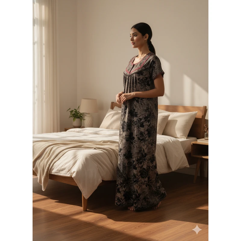 CHINEE Women's Comfortable Daily Wear Long Nightgown Soft Breathable Woven Fabric with Side Pocket Printed Maxi Nighty Size XS