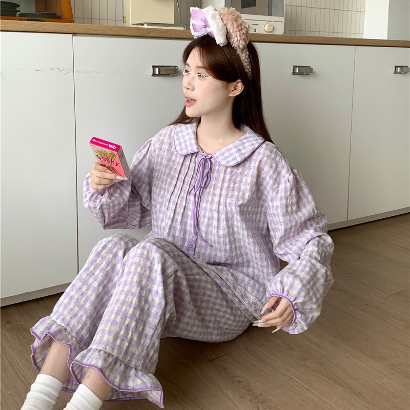 CHINEE Women's Cotton Knitted Long Sleeve Nightdress Vintage Lace Trim Sweet Small Floral Print Elastic Waist Spring Autumn Sleepwear