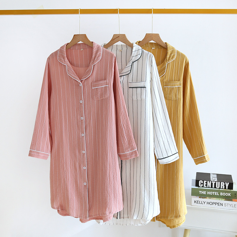 CHINEE Women's Cotton Long Sleeve Nightdress Simple Plus Size Double Gauze Nightgown Crepe Striped Plain Pajamas Shirt Dress