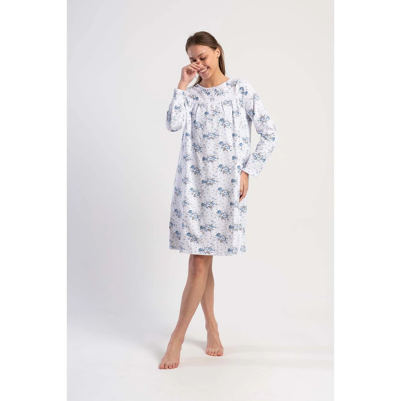 CHINEE Women's Cotton Nightgown Long Sleeve Classic Blue Soft Woven Sleepwear