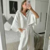 CHINEE Women's Cotton Pajama Set Three Quarter Sleeve Top Cropped Pants Two Piece Loose Comfortable Soft Breathable Autumn