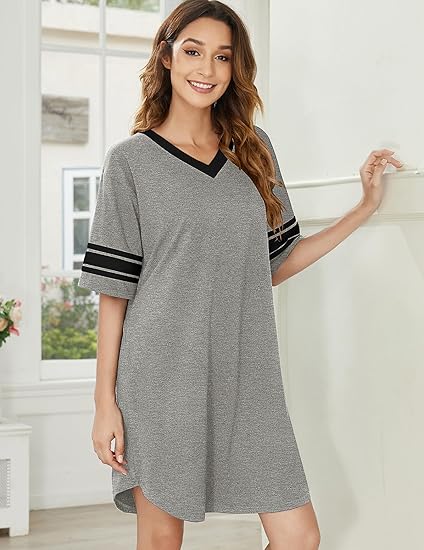 CHINEE Womens Cotton Satin Nightgown Short Sleeve Sleep Shirt with V Neck Color Block Fashion Sleepwear Soft for Winter Summer