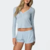 CHINEE Women's Cotton Satin Pajama Set V Neck Long Sleeve Top and Shorts Soft Breathable Quick Dry Front Sleepwear Lounge Nightwear