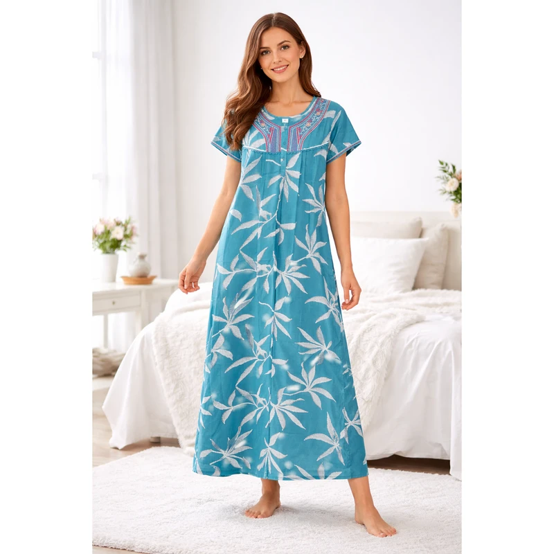CHINEE Women's Cozy XXL Nightgown Printed Full Length Soft Comfortable Woven Nightwear Short Sleeves Side Pocket for Home Use