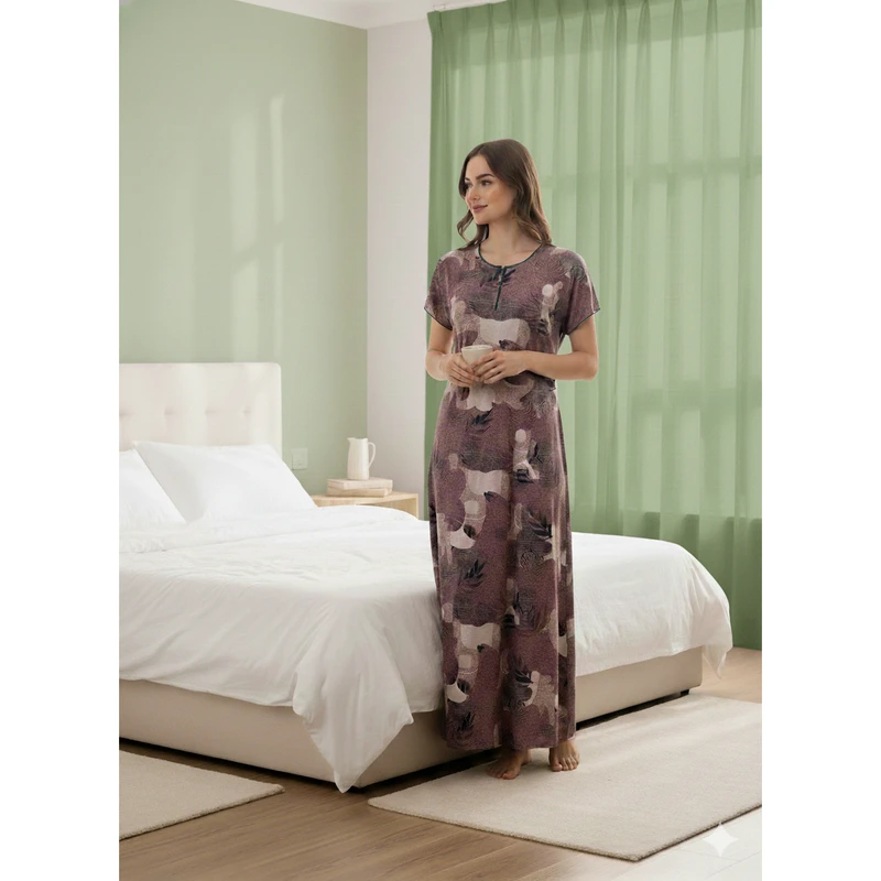 CHINEE Women's Cozy XXL Nightgown Printed Full Length Soft Comfortable Woven Nightwear Short Sleeves Side Pocket for Home Use