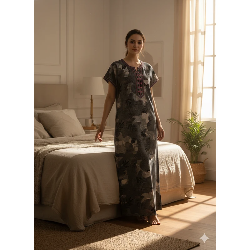 CHINEE Women's Cozy XXL Nightgown Printed Full Length Soft Comfortable Woven Nightwear Short Sleeves Side Pocket for Home Use