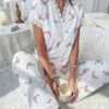 CHINEE Women's Cross Border Loungewear Autumn Winter S~XL V-Neck Lace Cherry Print T-Shirt Slim Fit Pajamas for Women