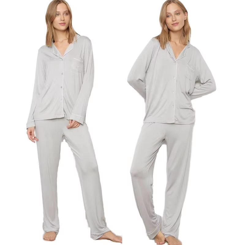 CHINEE Women's Custom 1 Piece Viscose Knitted Sleepwear Lounge Wear Set Long Sleeve V neck Elastic Waist Breathable Summer Spring Soft