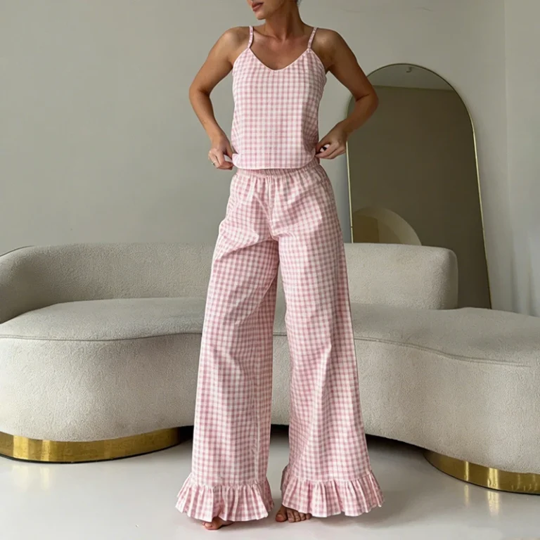 CHINEE-Womens-Custom-OEM-Pure-Cotton-Plaid-Pajama-Set-Camisole-and-Ruffled-Pants-Two-Piece-Soft-Breathable-Summer-Sleepwear
