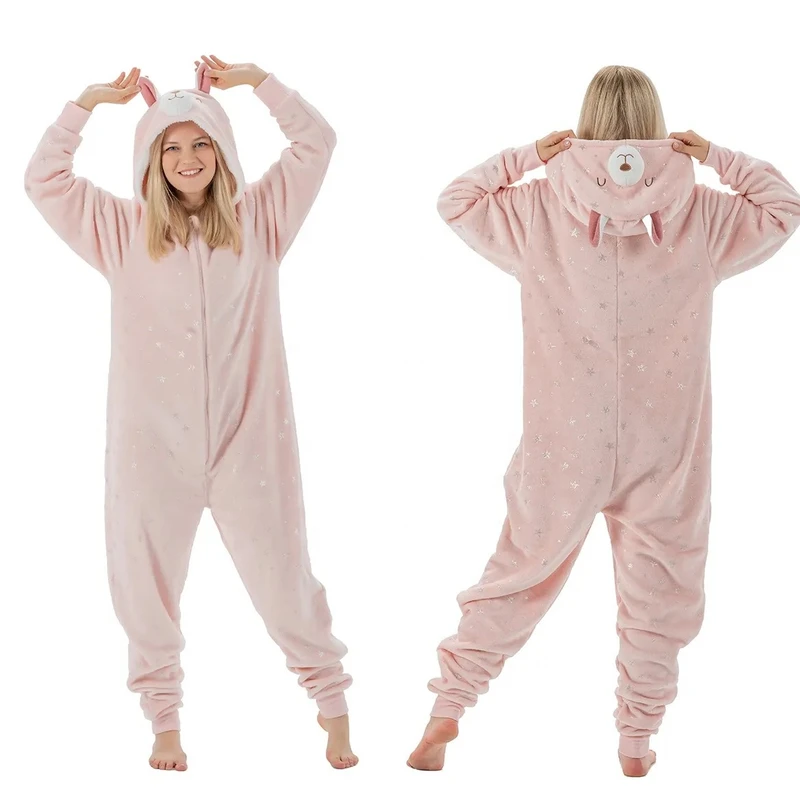 CHINEE Women's Custom Plus Size Plush Flannel Onesie Pajamas Pink Cartoon Animal Adult Pajama Set for Winter