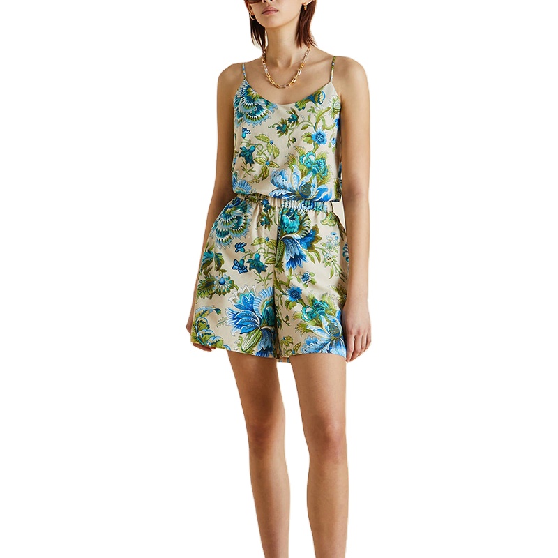 CHINEE Women's Custom Print Breathable Cotton Silk Pajama Set Floral Screen Print Camisole Satin Summer Two Piece
