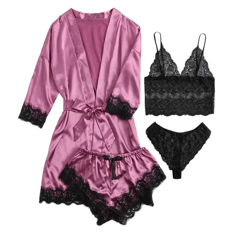 CHINEE-Womens-Elegant-4-Piece-Satin-Sleepwear-Set-Romantic-Luxury-Robe-Nightgown-Camisole-and-Shorts-for-All-Seasons