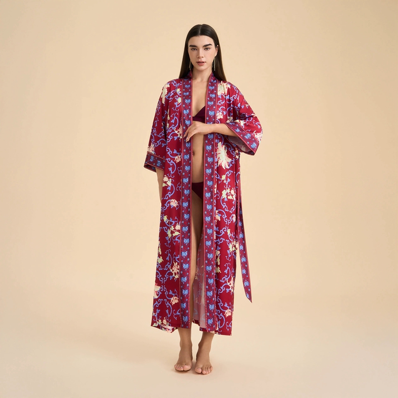 CHINEE Women's Elegant Summer Spring Long Printed Satin Home Wear Pajamas Long Sleeves Loose Comfortable Kimono Robe Bathrobe