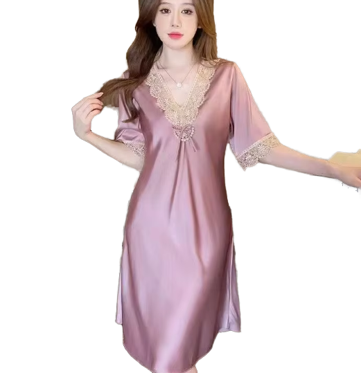 CHINEE Women's Fashionable Summer Nightgown New Casual Satin Sleepwear Breathable Short Sleeved Knee Length Thin Oversized Hot ODM