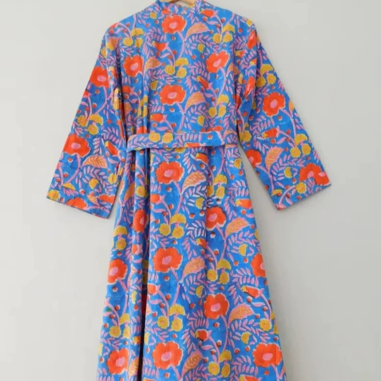 CHINEE Women's Floral 100% Cotton Woven V-neck Kimono Robe Hand Block Print Quick Dry Long Sleeve Midi Elegant Spring Summer Beach