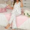 CHINEE Women's Floral Print Short Sleeve Elastic Waist Pajama Set Soft Comfortable Loungewear Ruffle Trim Daily Sleep Leisure Autumn