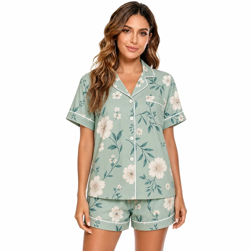 CHINEE Women's Floral Print Short Sleeve Pajama Set With Button Front And Turn down Collar Summer Sleepwear