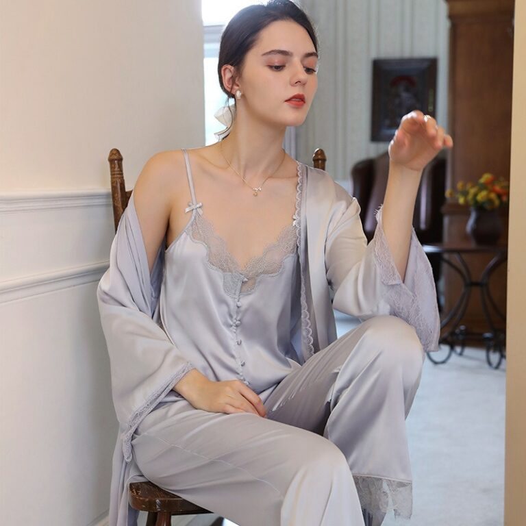 CHINEE-Womens-French-Style-Breathable-Solid-Luxury-Camisole-Pajama-Set-Three-Piece-Satin-Loungewear-Cardigan-for-Spring-Summer-Autumn