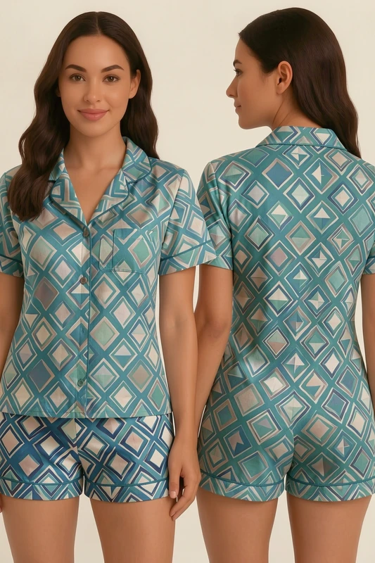 CHINEE Women's Geometric Print Short Sleeve Pajama Set with Turn Down Collar Button Closure Summer Sleepwear