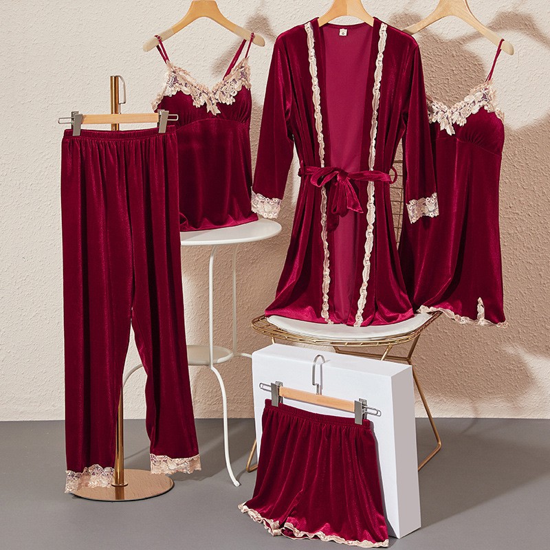 CHINEE Women's Golden Velvet 5 Pcs Set Elastic Waist Nightwear Pajama Breast Cushion Slip Nightdress for Spring Summer Bridal Sleep