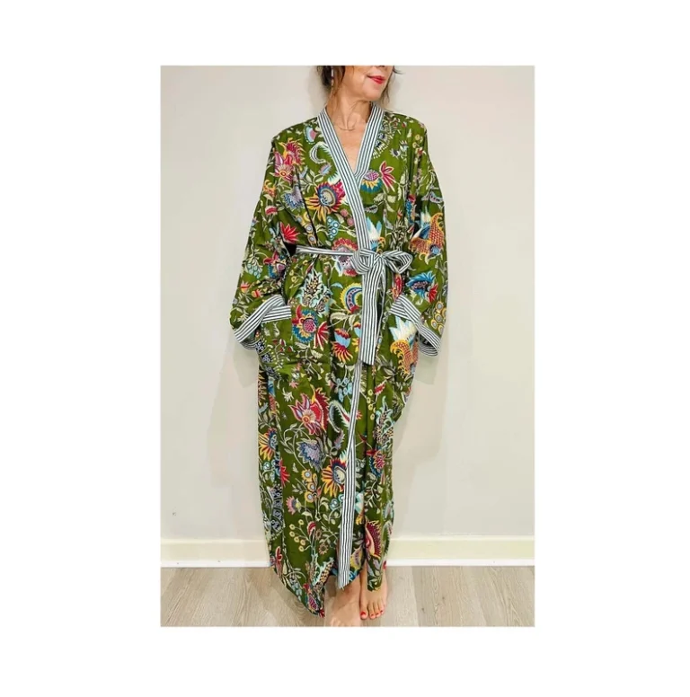 CHINEE Women's Green Cotton Kimono Robe Dressing Gown Plus Size for Brides Summer
