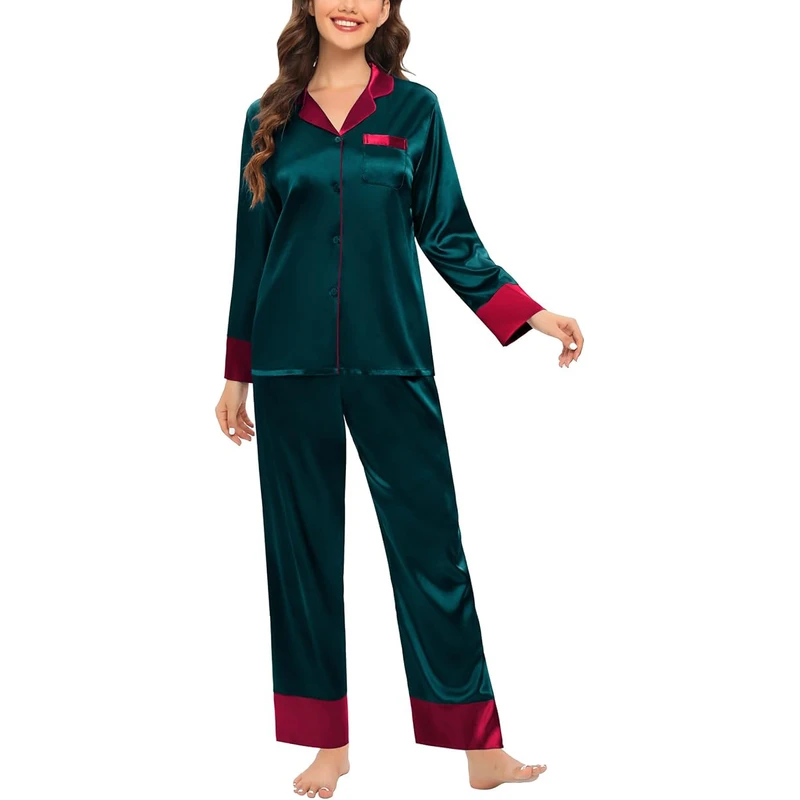 CHINEE Women's Green Satin Pajama Set Long Sleeve Full Length Button Front Elegant Sleepwear Turn down Collar 100% Polyester