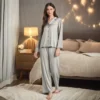 CHINEE Women's High Quality Satin Pajamas Sets Long Sleeved Elastic Waist Closure Silky Feel Solid Fabric for Spring Autumn Sleepwear