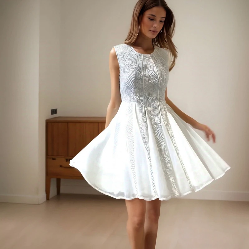 CHINEE Women's High quality Sleeveless White Dress Boho Textured A Line Skater Dress Backless Wedding Guest Dress Summer