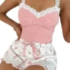 CHINEE Women's Home Clothes, Comfortable Lace Sling Shorts with Elastic Waist, Casual Outfit Sleepwear