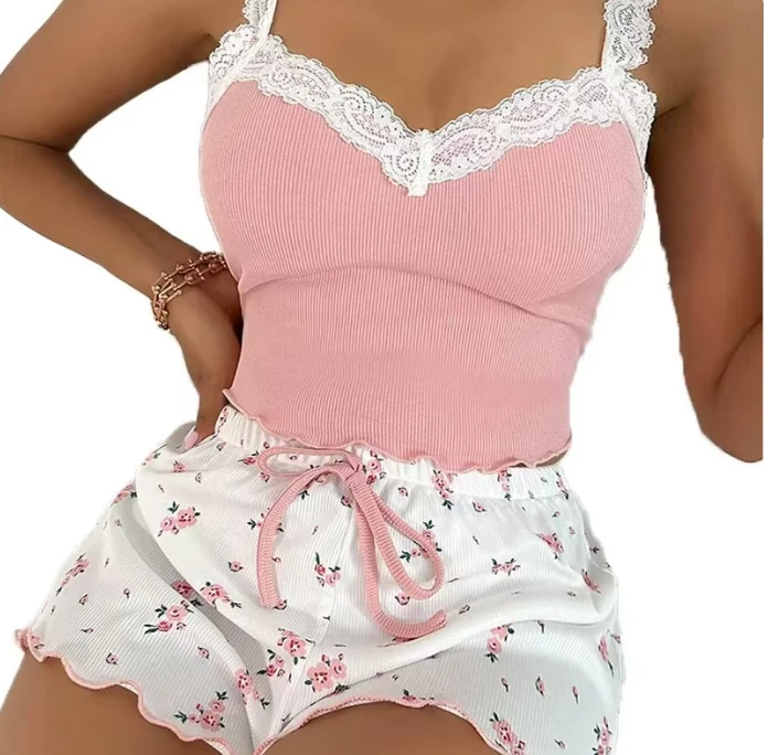 CHINEE Women's Home Clothes, Comfortable Lace Sling Shorts with Elastic Waist, Casual Outfit Sleepwear