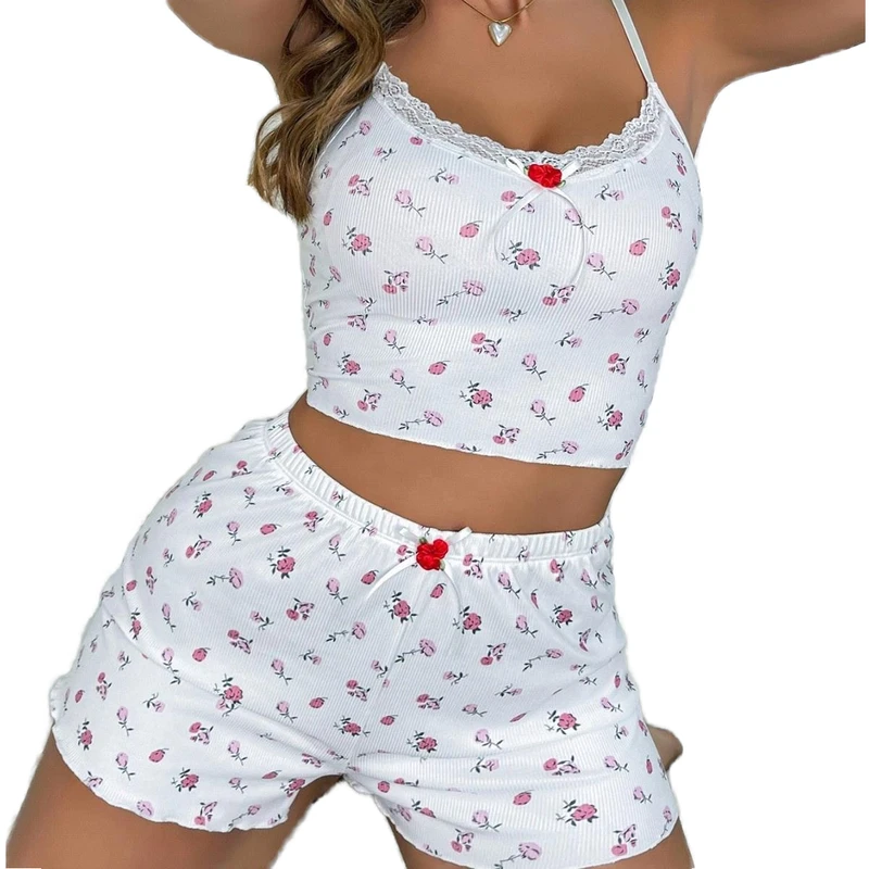 CHINEE Women's Home Clothes Printed Camisole Casual Sexy Ribbed Outerwear Two piece Pajama Set