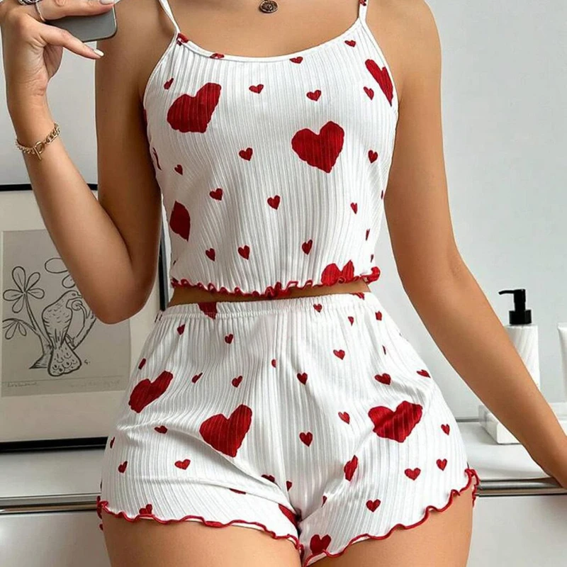 CHINEE Women's Home Wear Elastic Waist Summer Suspender Shorts Casual Sunken Stripe Pajamas