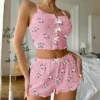 CHINEE Women's Home Wear with Flower Printed Backless Shorts Is Casual and Can Be Worn in Women's Pajamas Ladies Sleepwear