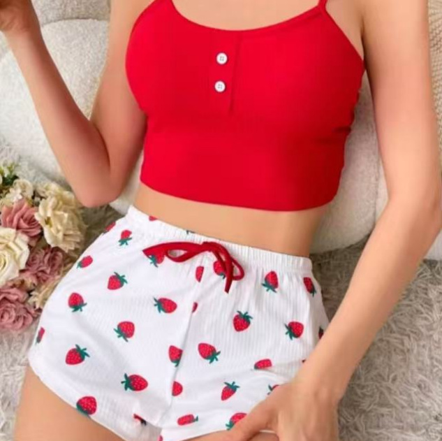 CHINEE Women's Homewear Printed Spandex Camisole Shorts Casual Sexy Ribbed Wearable European American Style Spring Pajamas