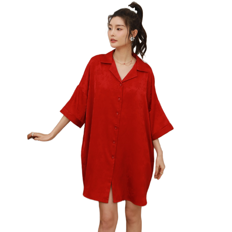 CHINEE Women's Ice Silk Pajamas Sexy Short Sleeve Night Shirts Summer Jacquard Solid Color Shirt Sleepwear Lapel Ladies Plus Size Dress