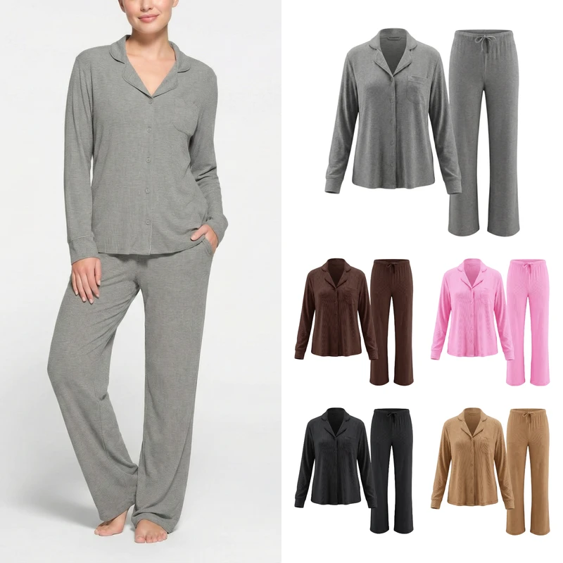 CHINEE Women's Knitted Modal Ribbed Pajama Set Long Sleeve Button Notch Collar Top Pants Soft Breathable Quick Dry Casual Loungewear
