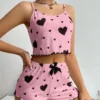 CHINEE Women's Knitted Pit Stripe Print Sweet Pajamas Heart-Shape Printed Camisole Shorts Large Size for Home Sleep Casual