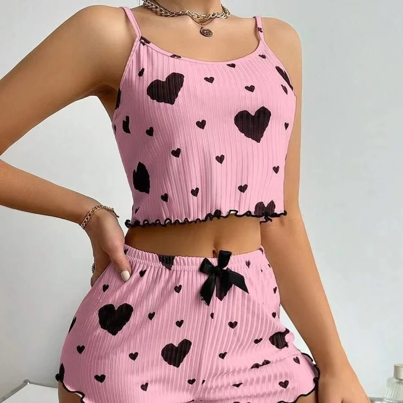 CHINEE Women's Knitted Pit Stripe Print Sweet Pajamas Heart-Shape Printed Camisole Shorts Large Size for Home Sleep Casual