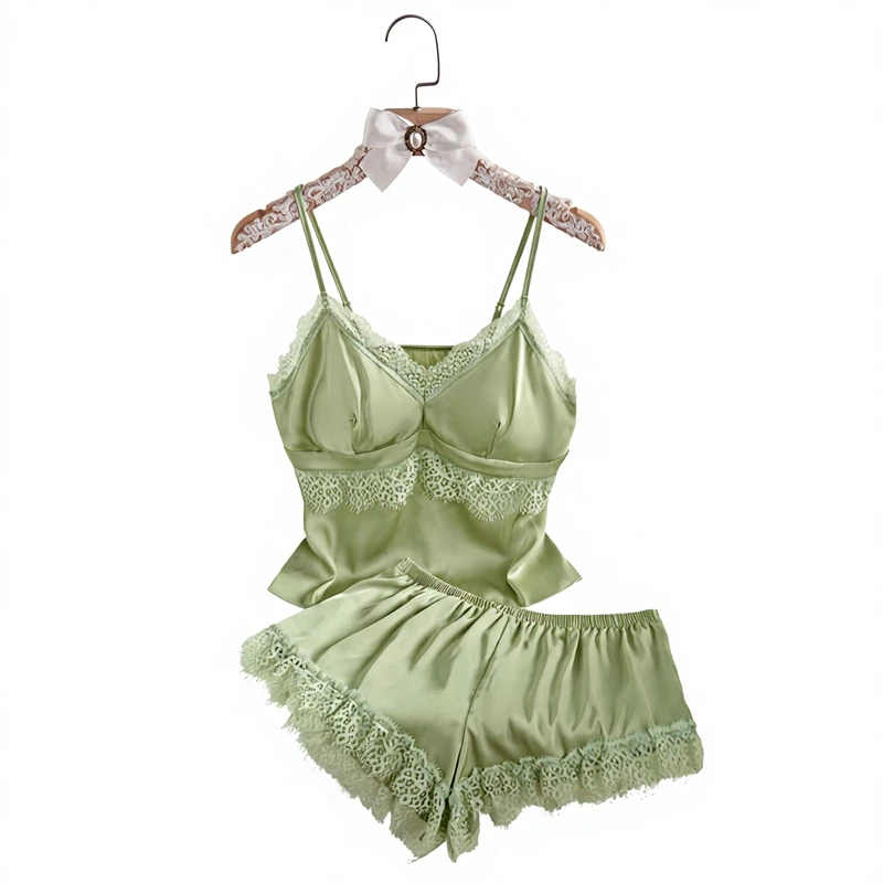 CHINEE Women's Light Green Satin & Lace Camisole Pajama Set Padded Cup Polyester Sleepwear