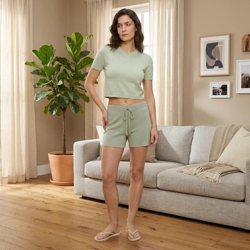 CHINEE Women's Light Mint Green Knit Loungewear Set V neck Cropped Top and Drawstring Shorts Casual Home Two piece Set Low Rise