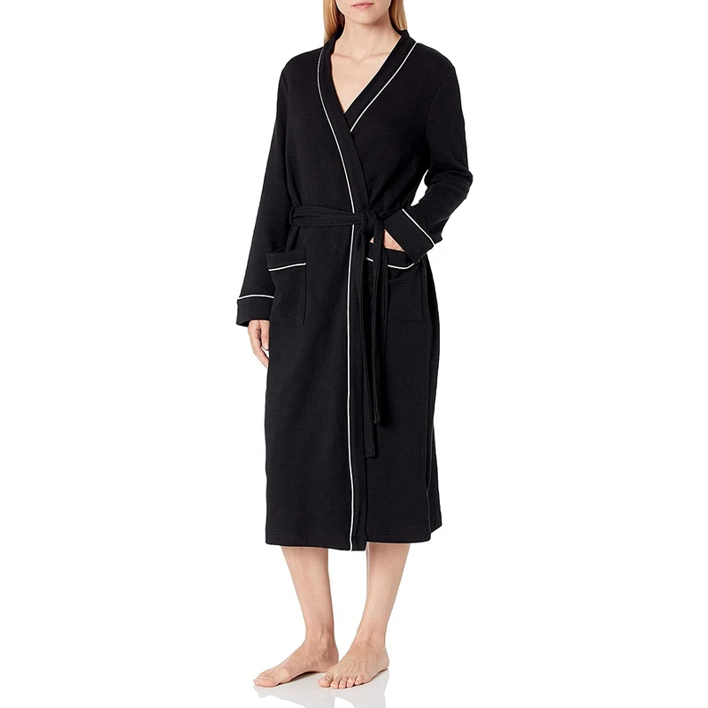 CHINEE Women's Lightweight Waffle Kimono Full Length Robe Black