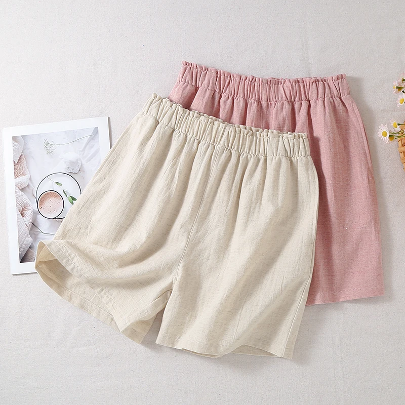 CHINEE Women's Linen Cotton Linen Pajamas Pants New Summer Minimalist Style 5 Point Lounge Shorts Lightweight Solid Color Casual Shorts