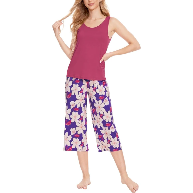 CHINEE Women's Long Pajama Pants Sleeveless Tank Top Capri Pants Soft Sleepwear Lounge Wear Pyjamas Women Homewear