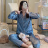 CHINEE Women's Long Sleeve Cardigan Silk Pajamas Suit 2 Piece Casual Homewear Set Elastic Waist Ladies Nightwear Pajamas