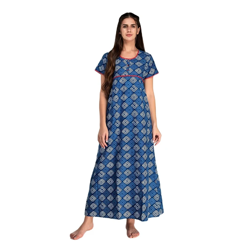 CHINEE Women's Loose Fit Cotton Maxi Nighty Comfortable Woven Sleepwear with Button Round V Neck Soft All Exposing
