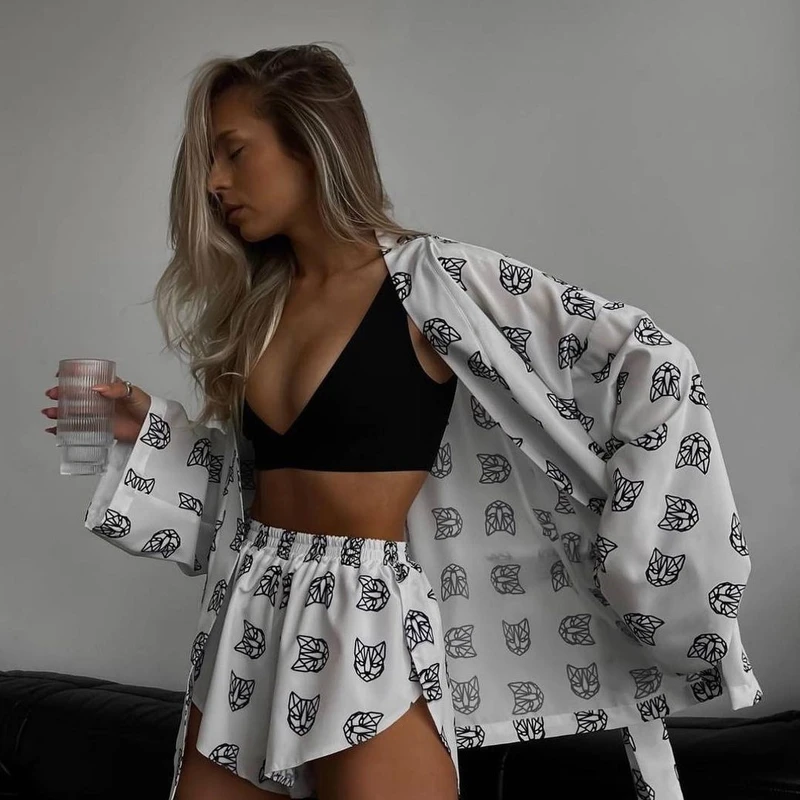 CHINEE Women's Loose Long Sleeve Printed Casual Commute Tie Loungewear High Waist Shorts Set