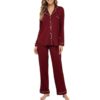 CHINEE Women's Luxury Modal Pyjamas Set V Neck Full Length Long Sleeves Elastic Waist Front Logo Breathable Quick Dry Summer Sleepwear