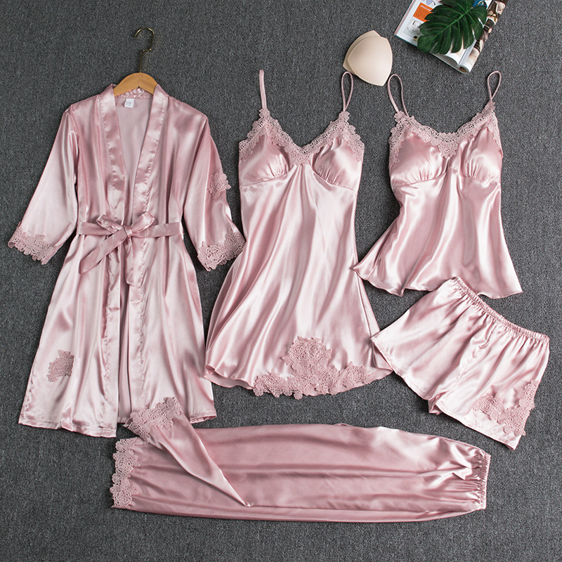 CHINEE Women's Luxury Silk Like Satin Nightgown Robes 5 Piece Sets Winter Sleepwear Elastic Waist Pajamas Sexy Nightdress